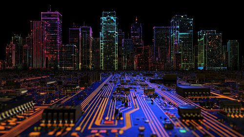 Circuit imprimé représentant un panorama urbain avec des néons