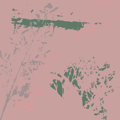 Grijs, groen en stoffig roze. Zachte en tedere botanische kunst in pasteltinten.