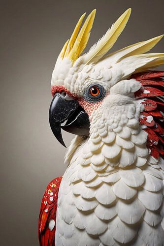 Portrait hyperréaliste d'un perroquet rouge et blanc