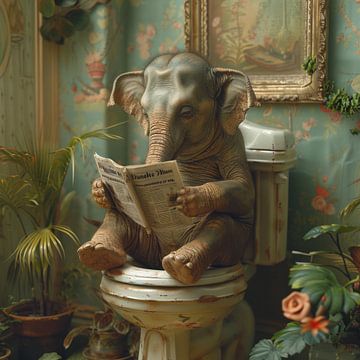 Wise Elephant Reads Newspaper On Toilet - Funny Poster by Felix Brönnimann