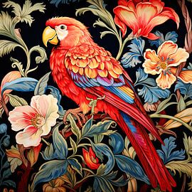 Portrait of parrot among colourful flowers