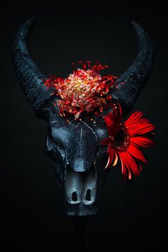 Bison with red flowers by Marian Korte