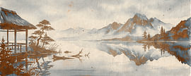 Panorama représentant un paysage zen japonais avec un pavillon et le reflet d'une montagne