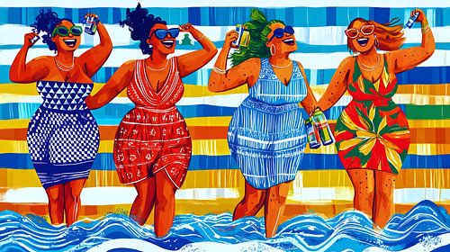 Vier vrouwen genieten van een strandvakantie