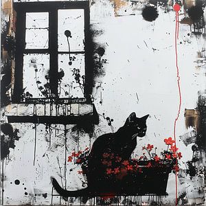 Street-Art Katze Fenster Blumen Silhouette urban Graffiti