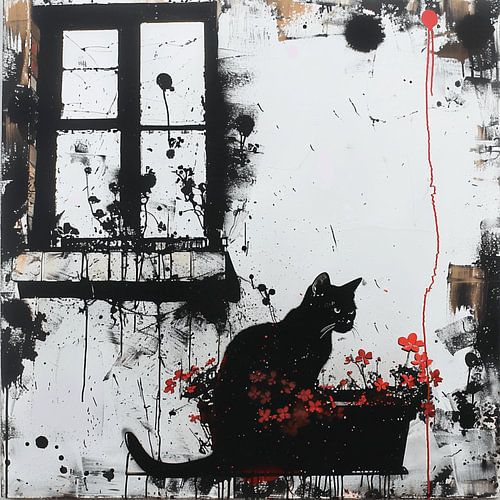 Street art kat raam bloemen silhouet stedelijke graffiti