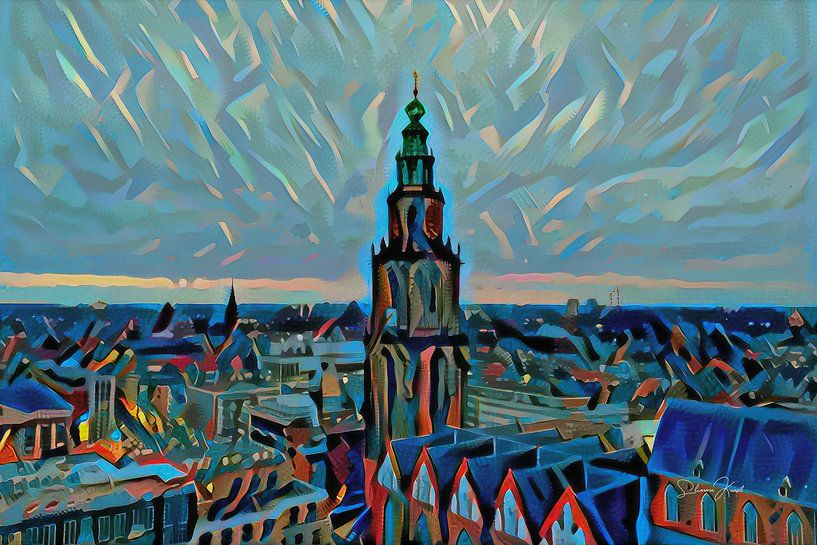 Schilderij vanaf Groninger Forum: Skyline van Groningen met de Martinitoren van Slimme Kunst.nl