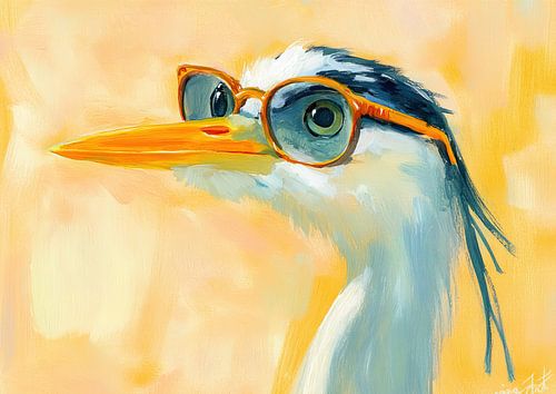 Vogelbrille | Fröhlicher Reiher mit Brille Gemälde