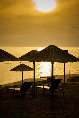Zonneschermen op het strand in Poreè