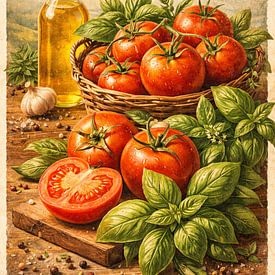 Décoration murale italienne « Tomate et basilic » – Nature morte rustique sur Dodik Hariyono