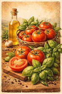 Italian Tomato Basil Kitchen Wall Art – Rustic Still Life