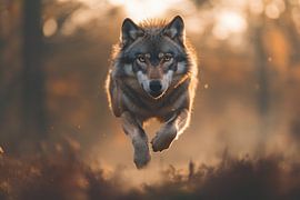 A wolf jumps in front of the camera during the golden hour by Digitale Schilderijen