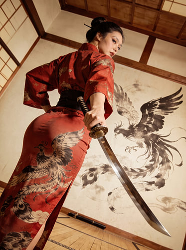 Woman in Red Kimono with Katana
