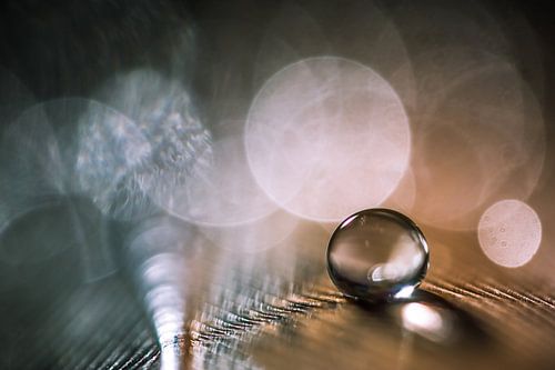 Waterdruppel op een veertje met bokeh achtergrond van Bert Nijholt