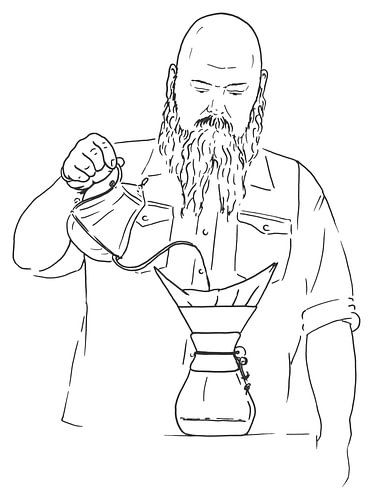 The rugged 'slow coffee' maker (line art line drawing kitchen portrait tough bald man beard coffee)