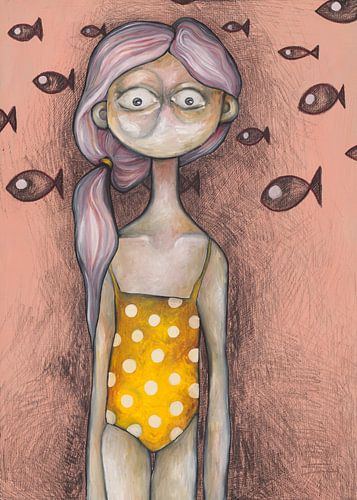 Girl in a yellow & white polka dot bathing suit van Lotte Teussink