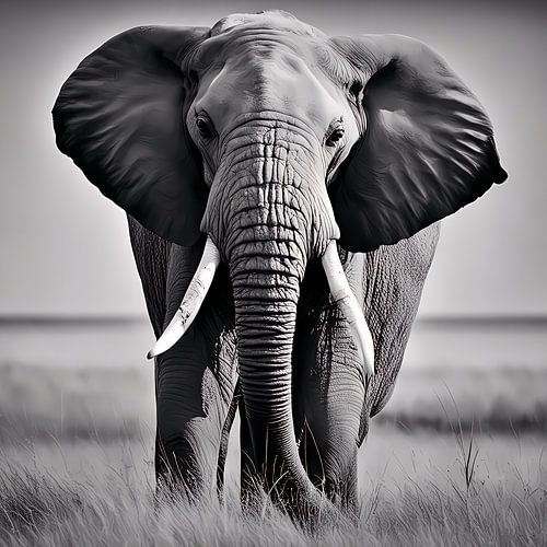 Éléphant Majestueux en Noir et Blanc – Portrait Puissant aux Textures Profondes