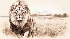 Löwe, der in einem Feld geht, Zeichnung, Löwe-Bleistiftzeichnung im Vintage-Stil.