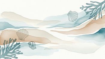 Ocean Serenity: Minimalist Coastal Watercolor with Seashells and Coral