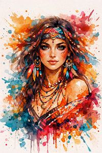 Tribal Beauty Watercolor Splash Portrait