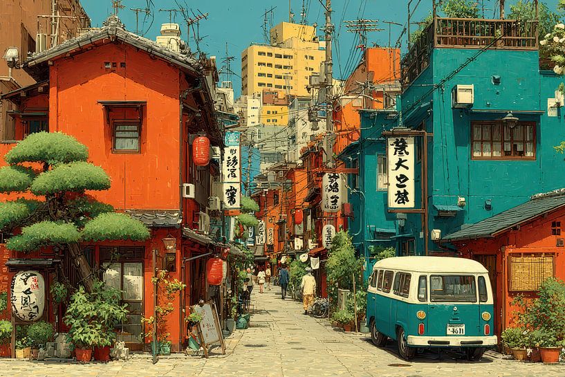 picturesque Japan street scene with van by Egon Zitter