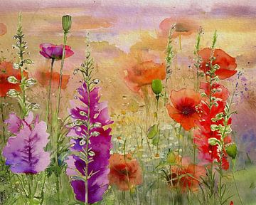 Natuurlijk schilderij:  Stokrozen en klaprozen in het veld van Studio Pieternel