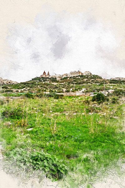 Malta Ghadira Stadt Aquarellmalerei #malta von JBJart Justyna Jaszke
