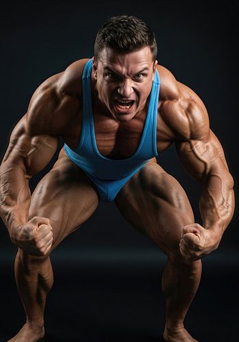 Mannelijke bodybuilder buigt spieren in blauw singlet