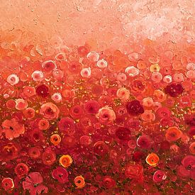 Panorama d'un champ de fleurs dans les tons rouge et saumon sur True Nature Art