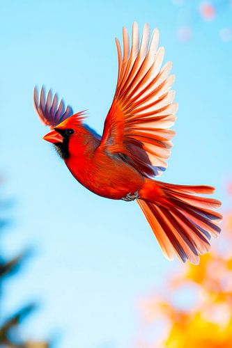 Vliegende rode kardinaal vogel