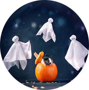 Cavia met een pompoen omringd door spookjes - Cavia Halloween - Cavia Oktober - Cavia Spook van Marloes van Antwerpen