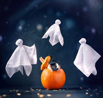 Cavia met een pompoen omringd door spookjes - Cavia Halloween - Cavia Oktober