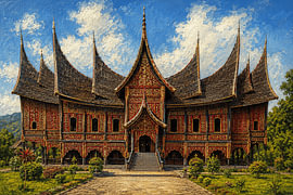 Goldener Sonnenuntergang bei einem traditionellen „Rumah Gadang“ – das Kulturerbe der Minangkabau in West-Sumatra von Vínculae