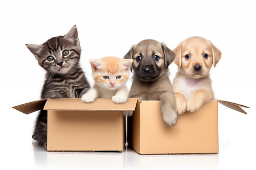 Puppies and cats in cardboard boxes – Cute pet art
