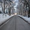 Straße mit Licht am Ende und Schnee von Eric van Nieuwland