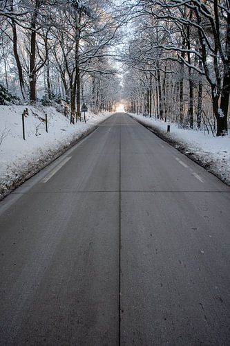 weg met licht aan het einde en sneeuw