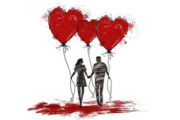 Paar met rode hartvormige ballonnen van Frank Heinz