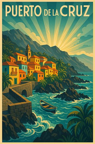 Puerto de la Cruz Art Deco Print - Kleurrijke kustplaats illustratie