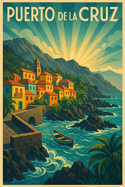 Puerto de la Cruz Art Deco Print - Illustration d'une ville côtière colorée par Travel Shop