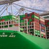De imponerende boeg van een containerschip van scheepskijkerhavenfotografie