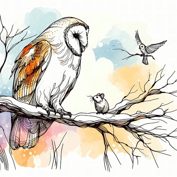 Speelse uil, muis en vogel - digitaal schilderij van A.D. Digital ART