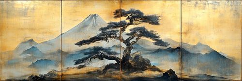 Berglandschap met gouden lucht en dennenboom Japandi panorama