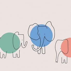 Trois éléphants, abstraits, minimalistes et colorés. sur Charlotte Hortensius