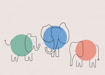 Drie olifanten, abstract, minimalistisch en kleurrijk.