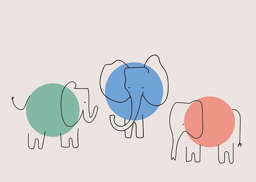 Trois éléphants, abstraits, minimalistes et colorés. sur Charlotte Hortensius