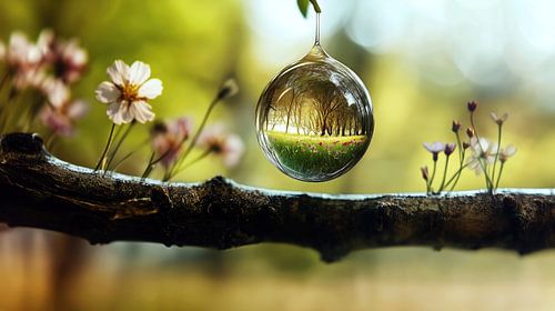 Drops of water reflect a blooming spring meadow