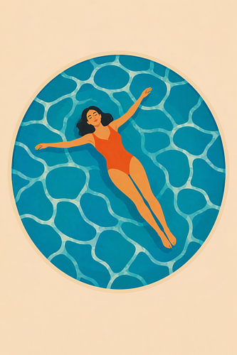 A minimalist illustration of a woman in a red swimsuit, viewed from above