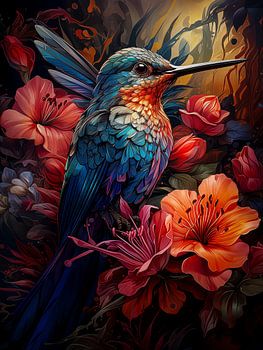 Colorful hummingbird between flowers