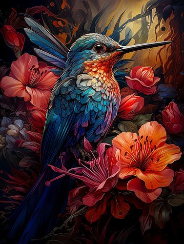 Kleurrijke kolibrie tussen bloemen