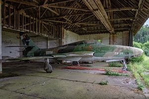 Eine Republic RF-84F Thunderflash der belgischen Luftwaffe in einem alten, baufälligen deutschen Han